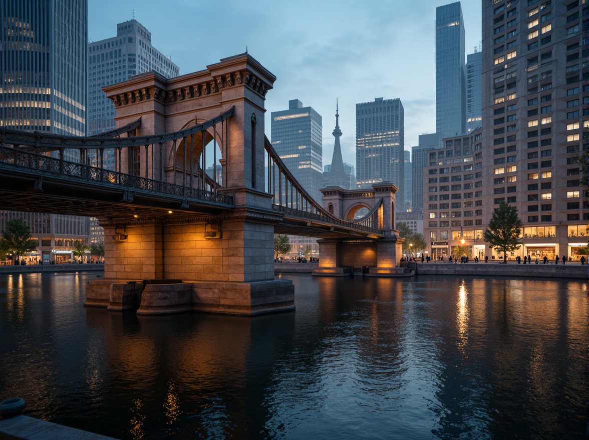 Prompt: Grandiose Baroque-style bridge, ornate stone carvings, sweeping arches, majestic river views, urban cityscape, modern skyscrapers, bustling streets, vibrant streetlights, misty evening atmosphere, warm golden lighting, shallow depth of field, 1/2 composition, symmetrical framing, realistic water reflections, ambient occlusion.