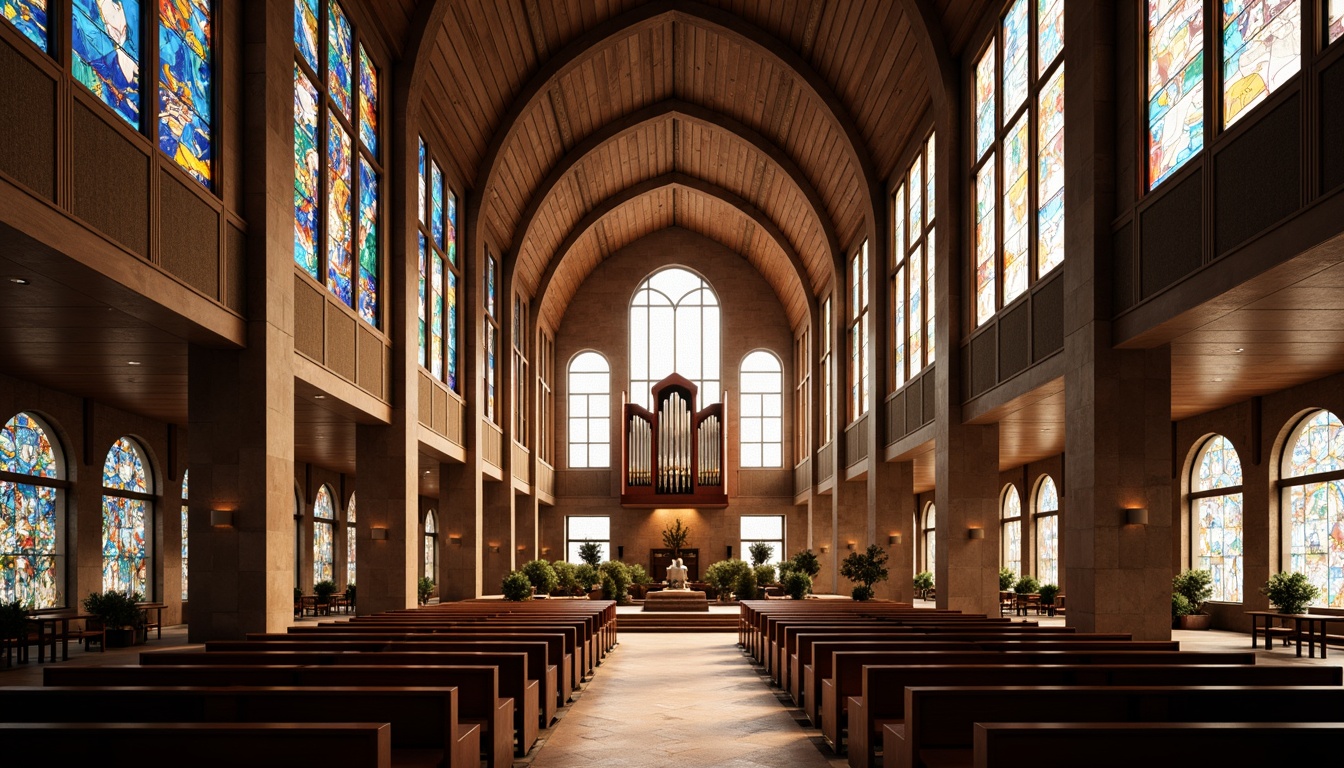 Prompt: Intricate stained glass windows, symmetrical arches, ornate vaulted ceilings, grandiose pipe organs, minimalist pews, sacred altars, geometric patterns, constructivist architecture, brutalist concrete structures, abstract sculptures, vibrant colorful mosaics, dramatic lighting effects, high contrast shadows, 1/1 composition, low-angle shot, warm golden hour lighting, realistic textures, ambient occlusion.