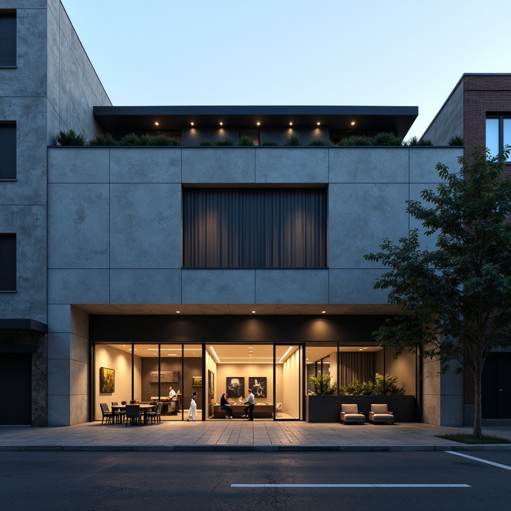 Prompt: Simple theater facade, minimalist architecture, clean lines, monochromatic color scheme, rectangular shapes, flat roofs, large glass windows, sliding doors, industrial materials, exposed concrete walls, subtle lighting, dramatic shadows, urban cityscape, evening atmosphere, soft box lights, 1/1 composition, realistic textures, ambient occlusion.