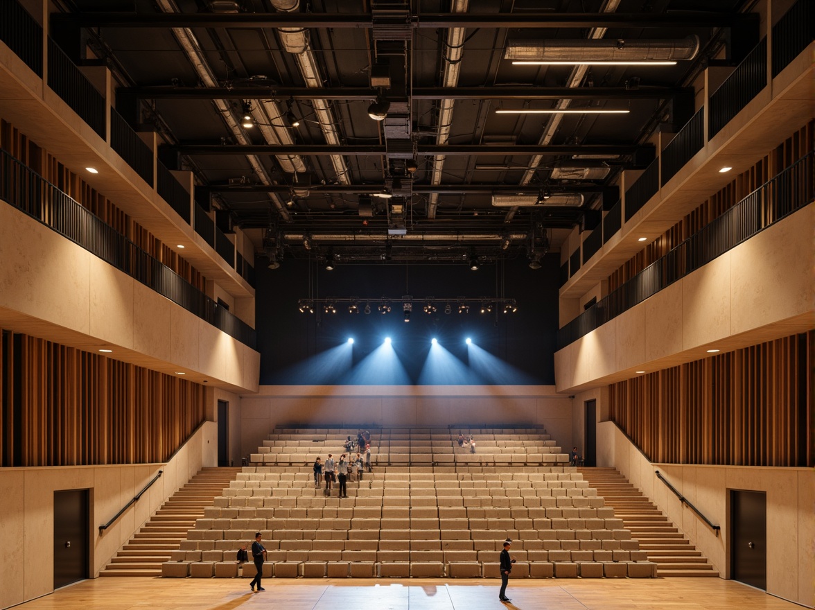 Prompt: Bauhaus-style auditorium, minimalist interior design, rectangular shape, industrial materials, exposed ductwork, concrete floors, steel beams, wooden accents, geometric patterns, functional lighting, suspended acoustic panels, sound-absorbing materials, tiered seating, curved balconies, grand stage, dramatic spotlights, warm color scheme, intimate atmosphere, 1/2 composition, low-angle shot, soft focus, ambient occlusion.