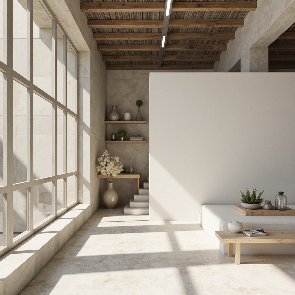 Prompt: Monochromatic minimalism, clean lines, simple shapes, neutral tones, soft whites, creamy beiges, pale grays, industrial materials, concrete walls, steel beams, wooden accents, natural textures, subtle patterns, ambient lighting, soft shadows, 1/1 composition, realistic renderings, atmospheric perspective.