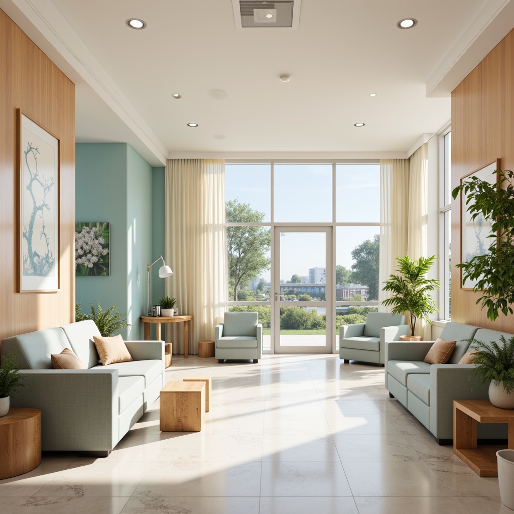 Prompt: Soothing hospital interior, calming color scheme, gentle pastel hues, soft whites, creamy beiges, pale blues, muted greens, warm wood accents, natural stone floors, comfortable seating areas, peaceful waiting rooms, serene patient rooms, gentle lighting, subtle texture contrasts, 1/1 composition, shallow depth of field, realistic renderings, ambient occlusion.