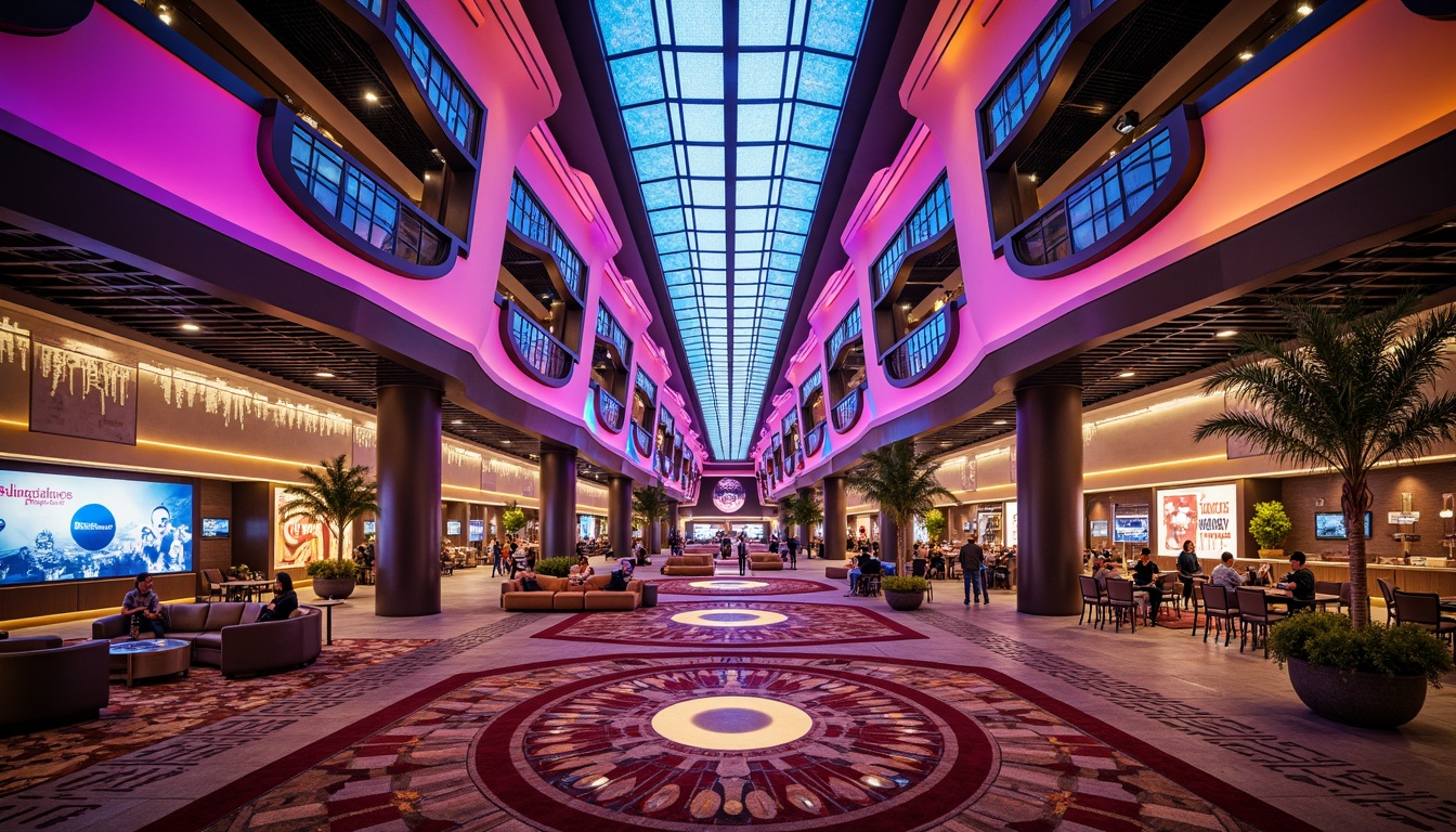 Prompt: Vibrant casino facade, neon lights, dynamic LED displays, curved glass surfaces, metallic accents, futuristic architecture, regionalist influences, desert landscape, palm trees, warm sandy tones, luxurious entrance, grand atrium, high ceilings, ornate chandeliers, lavish decorations, bold geometric patterns, intricate mosaics, ambient lighting, shallow depth of field, 1/1 composition, realistic textures, detailed normal maps.