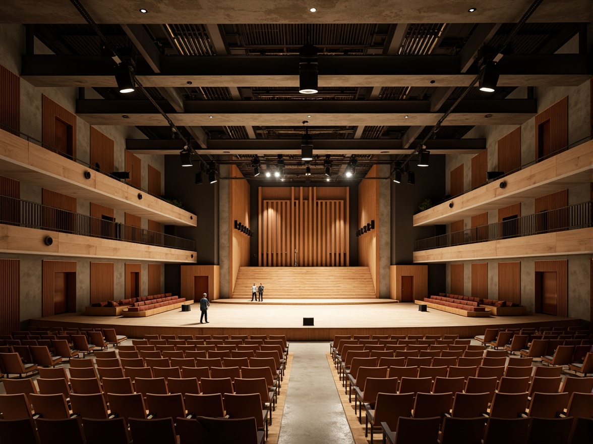 Prompt: Bauhaus-style auditorium, minimalist interior design, rectangular shape, industrial materials, exposed ductwork, concrete floors, steel beams, wooden accents, geometric patterns, functional lighting, suspended acoustic panels, sound-absorbing materials, tiered seating, curved balconies, grand stage, dramatic spotlights, warm color scheme, intimate atmosphere, 1/2 composition, low-angle shot, soft focus, ambient occlusion.