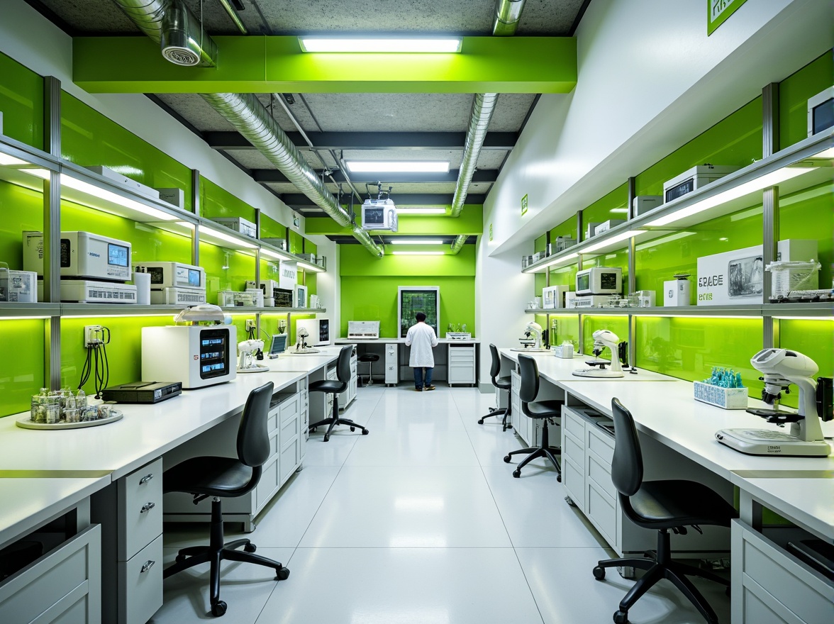 Prompt: Vibrant laboratory interior, bold color scheme, neon green accents, sleek metal equipment, futuristic workstations, minimalist shelving units, epoxy resin countertops, polished chrome fixtures, LED lighting systems, sterile white walls, glass partitions, modular furniture design, ergonomic seating, adjustable task lighting, high-contrast visual displays, 3D printing technology, robotic arm machinery, precision instrumentation, microscopes, petri dishes, futuristic architecture, modern materials, innovative textures, ambient occlusion, shallow depth of field, 1/1 composition.