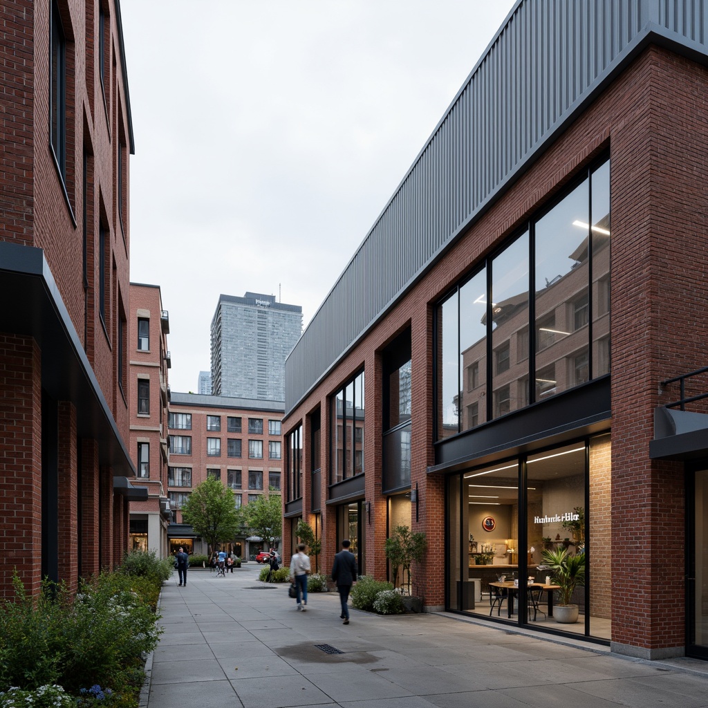 Prompt: Exposed brick walls, industrial metal frames, sleek glass facades, minimalist signage, modern warehouse architecture, streamlined shapes, clean lines, urban cityscape, cloudy grey sky, soft diffused lighting, shallow depth of field, 1/1 composition, realistic textures, ambient occlusion, functional simplicity, raw concrete floors, steel beams, reclaimed wood accents, industrial chic decor, neutral color palette, subtle branding elements.