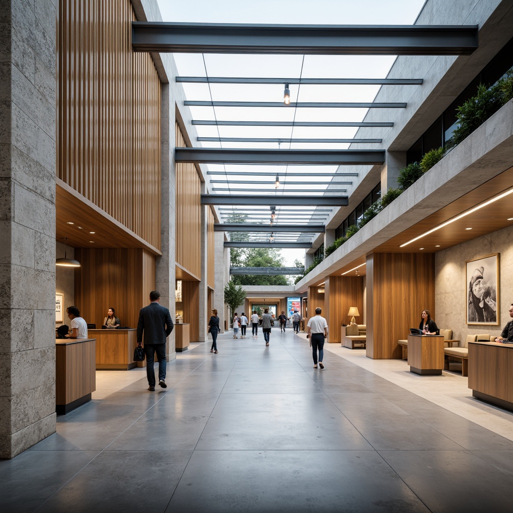 Prompt: Minimalist visitor center, natural stone walls, polished concrete floors, wooden accents, industrial metal beams, large glass windows, transparent roofs, open spaces, simple signage, subtle branding, earthy color palette, soft diffused lighting, shallow depth of field, 1/1 composition, realistic textures, ambient occlusion.