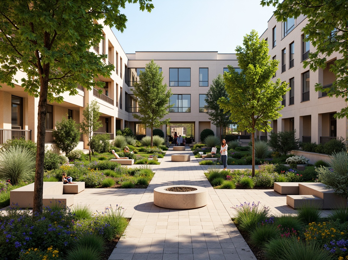 Prompt: Soothing hospital courtyard, lush greenery, vibrant flowers, natural stone walkways, water features, serene seating areas, calming ambiance, modern hospital architecture, large windows, glass doors, abundant natural light, warm color schemes, comfortable patient rooms, peaceful waiting areas, healing gardens, therapeutic outdoor spaces, accessible walking paths, wheelchair-friendly ramps, gentle slope landscaping, soft warm lighting, shallow depth of field, 3/4 composition, panoramic view, realistic textures, ambient occlusion.