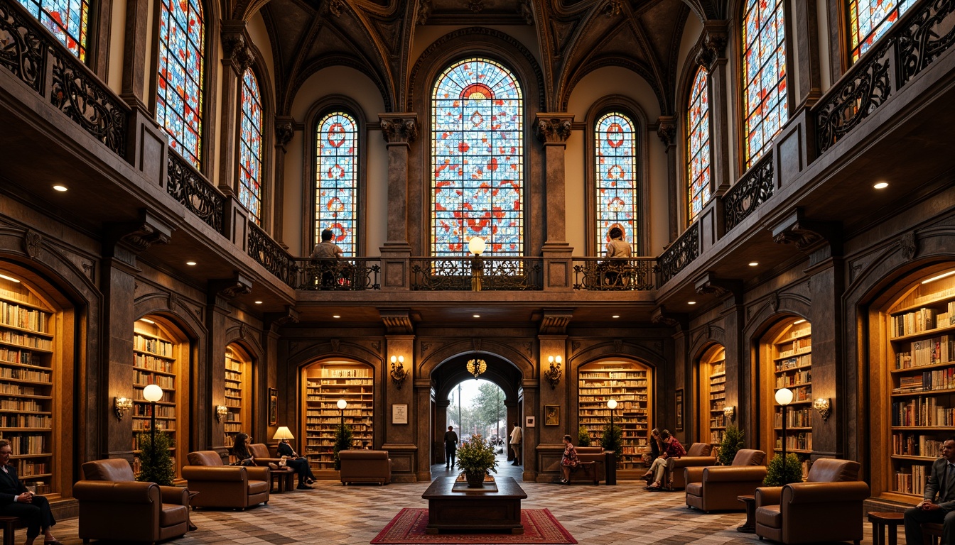 Prompt: Grandiose library facade, eclectic architectural style, ornate stone carvings, intricate metalwork, vibrant stained glass windows, majestic entrance archways, imposing columns, ornamental balconies, richly patterned textiles, warm golden lighting, shallow depth of field, 1/2 composition, symmetrical framing, realistic material textures, ambient occlusion.