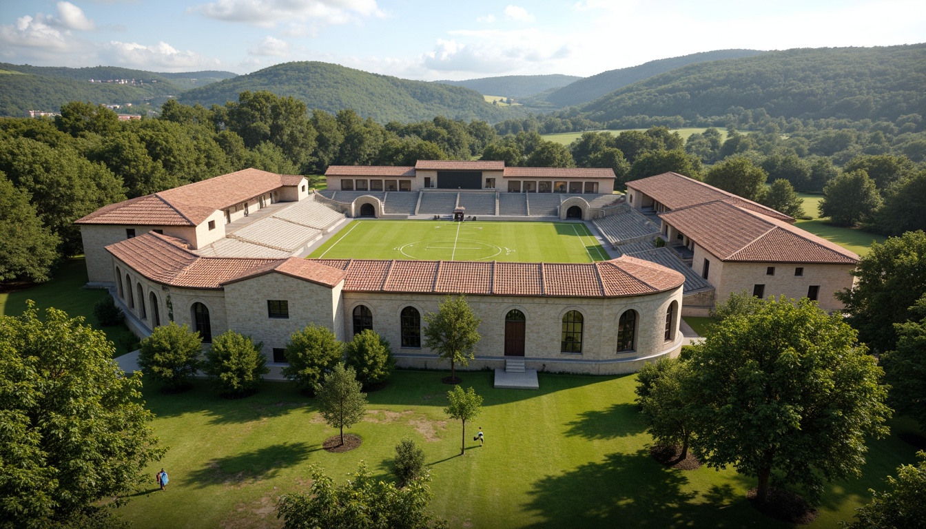 Prompt: Rustic football stadium, Romanesque architecture, stone walls, arched windows, green roofs, lush vegetation, rolling hills, natural scenery, serene atmosphere, warm sunny day, soft diffused lighting, shallow depth of field, 3/4 composition, panoramic view, realistic textures, ambient occlusion, tiered seating, grassy fields, athletic tracks, goalposts, scoreboard, floodlights, spectator stands, VIP lounges, concession booths, modern amenities.