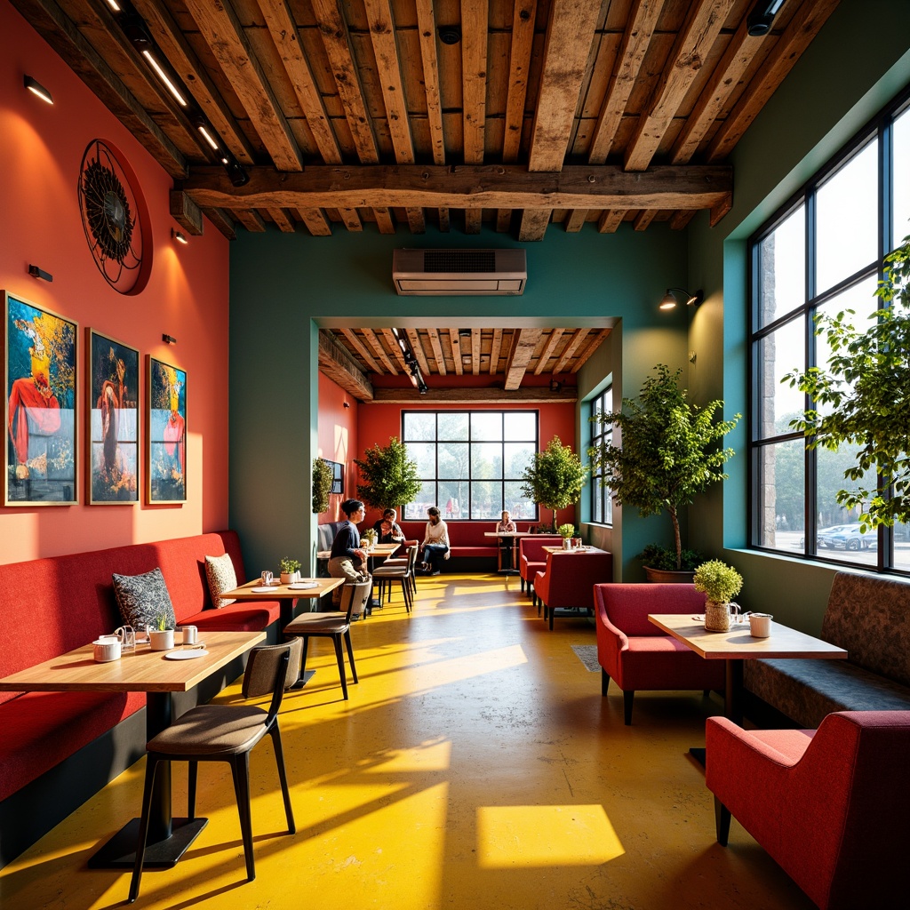 Prompt: Vibrant restaurant interior, expressionist art style, bold color palette, warm golden lighting, rich wood accents, eclectic furniture, abstract artwork, geometric patterns, bright coral walls, deep turquoise ceilings, sunny yellow floors, distressed metal decorations, reclaimed wood textures, industrial chic atmosphere, dramatic shadows, high contrast ratio, 1/2 composition, cinematic lighting, realistic reflections.