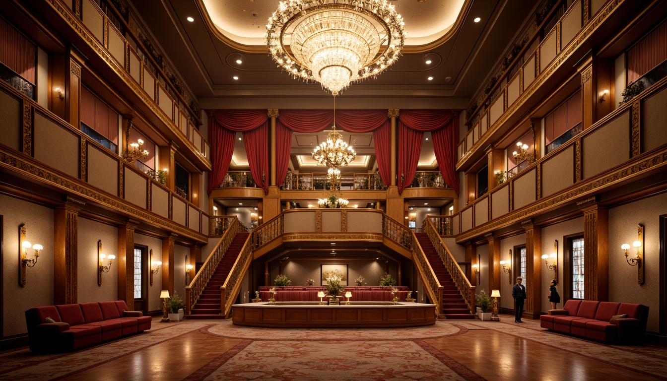 Prompt: Grand auditorium, ornate chandeliers, intricate moldings, luxurious velvet curtains, polished wooden floors, elegant staircases, majestic balconies, ornamental railings, gilded accents, crystal sconces, plush seating areas, richly patterned carpets, dramatic spotlights, warm golden lighting, shallow depth of field, 1/2 composition, symmetrical framing, realistic textures, ambient occlusion.