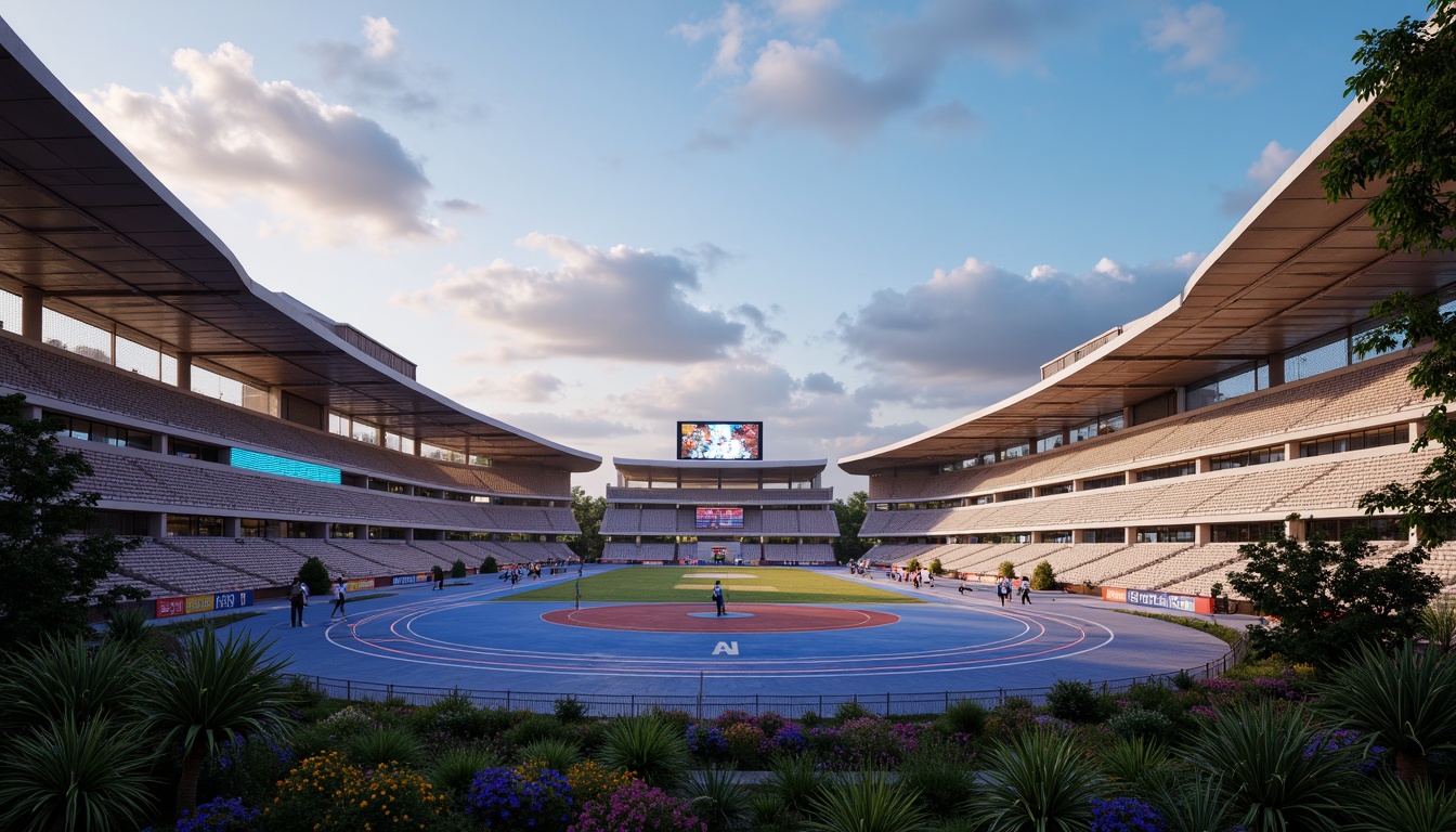 Prompt: Futuristic sports complex, undulating terrain, neon-lit athletic tracks, sleek metallic bleachers, holographic scoreboards, iridescent stadium roofs, glowing accents, vibrant LED lighting, misty atmospheric effects, shallow depth of field, 3/4 composition, panoramic view, realistic textures, ambient occlusion, lush greenery, tropical plants, palm trees, sunny day, warm soft focus, dynamic camera movements.