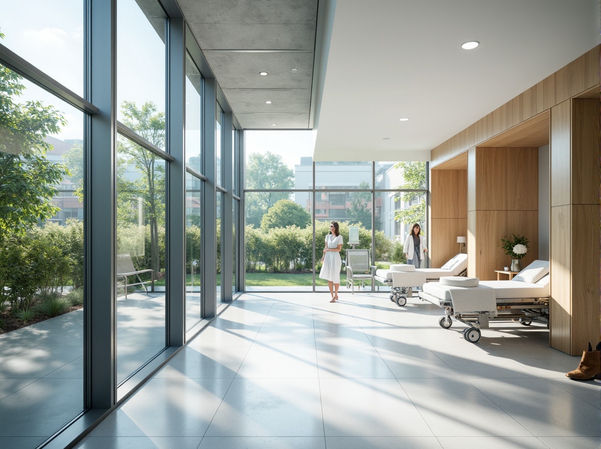 Prompt: Modern hospital building, sleek glass curtain walls, natural light influx, minimalist interior design, sterile white floors, stainless steel medical equipment, comfortable patient rooms, private recovery areas, calming greenery views, warm wooden accents, soft diffused lighting, shallow depth of field, 1/1 composition, realistic reflections, ambient occlusion.