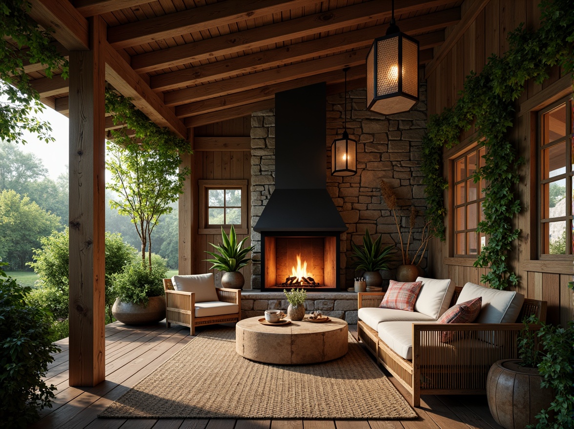 Prompt: Rustic wooden cabin, natural stone walls, earthy tones, reclaimed wood accents, woven wicker furniture, plush greenery, vines crawling up walls, warm candlelight, cozy fireplace, crackling sounds, organic textures, earthy aromas, serene forest surroundings, misty morning atmosphere, soft diffused lighting, 1/1 composition, intimate close-up shots, realistic material rendering.