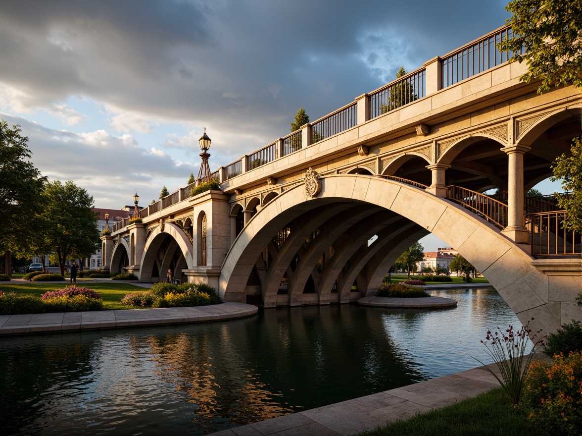 Prompt: Ornate bridge, grandiose arches, intricately carved stone balustrades, gilded accents, ornamental lanterns, majestic river views, serene water reflections, lush greenery, vibrant flowers, natural stone piers, decorative iron railings, sweeping curves, dramatic lighting, warm golden tones, high contrast shadows, 1/2 composition, atmospheric perspective, realistic textures, ambient occlusion.