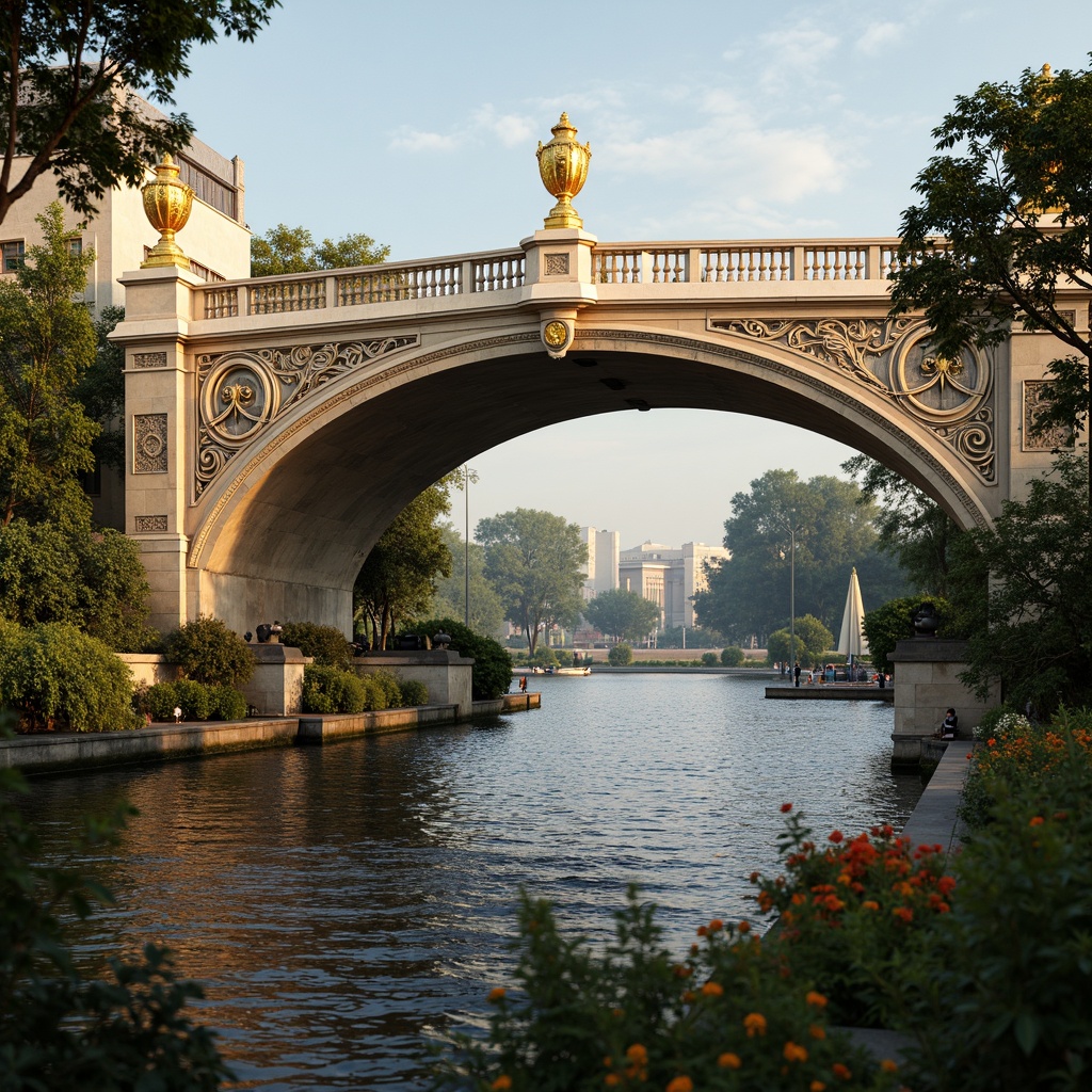 Prompt: Ornate bridge, grandiose arches, intricately carved stone balustrades, gilded accents, ornamental lanterns, majestic river views, serene water reflections, lush greenery, vibrant flowers, natural stone piers, decorative iron railings, Baroque-inspired architecture, sweeping curves, dramatic lighting, warm golden tones, shallow depth of field, 1/2 composition, realistic textures, ambient occlusion.