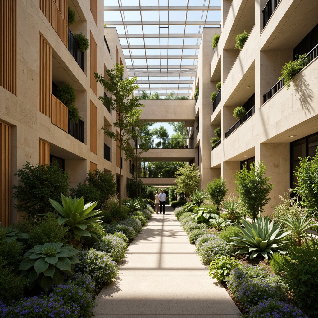 Prompt: Vibrant atrium, lush greenery, natural stone walls, wooden accents, floor-to-ceiling windows, clerestory windows, skylights, open spaces, minimalist decor, warm beige tones, soft diffused lighting, indirect sunlight, ambient shadows, 1/1 composition, shallow depth of field, realistic textures, subtle color palette, serene atmosphere, peaceful ambiance.