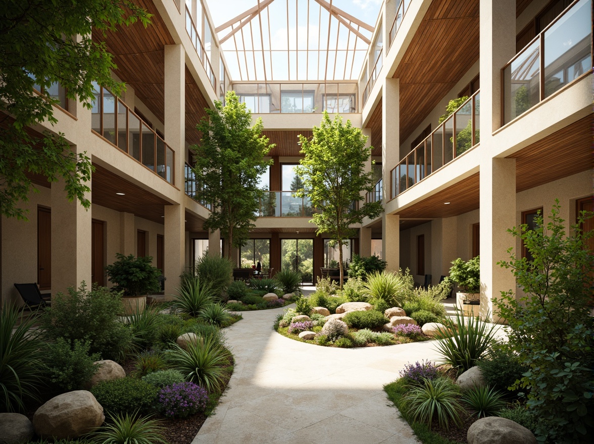 Prompt: Vibrant atrium, lush greenery, natural stone walls, wooden accents, floor-to-ceiling windows, clerestory windows, skylights, open spaces, minimalist decor, warm beige tones, soft diffused lighting, indirect sunlight, ambient shadows, 1/1 composition, shallow depth of field, realistic textures, subtle color palette, serene atmosphere, peaceful ambiance.