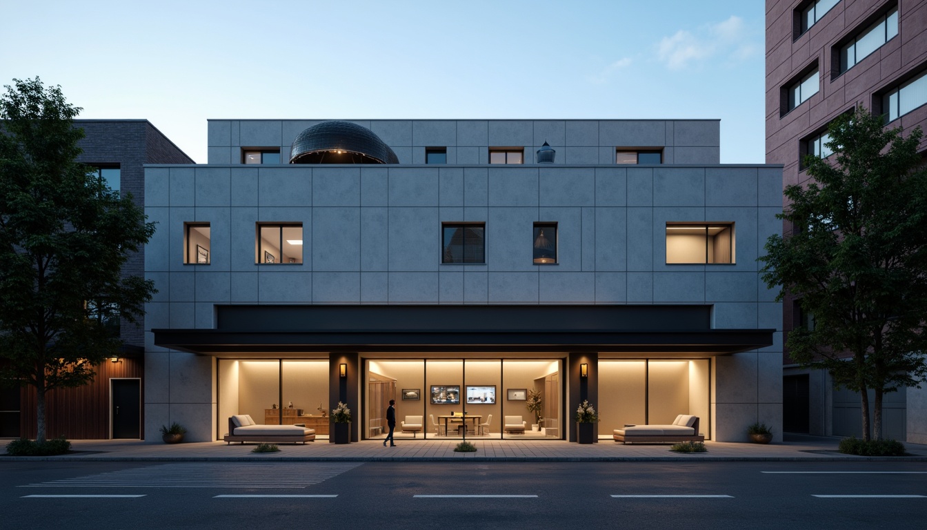 Prompt: Simple theater facade, minimalist architecture, clean lines, monochromatic color scheme, rectangular shapes, flat roofs, large glass windows, sliding doors, industrial materials, exposed concrete walls, subtle lighting, dramatic shadows, urban cityscape, evening atmosphere, soft box lights, 1/1 composition, realistic textures, ambient occlusion.