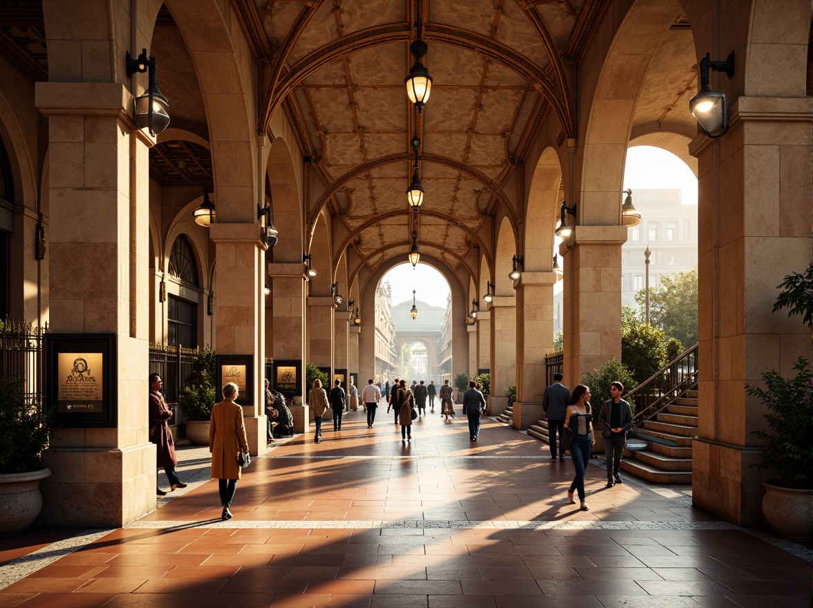 Prompt: Earth-toned metro station, Romanesque arches, ornate columns, warm beige walls, terracotta flooring, rustic stone textures, vintage metal lanterns, intricate mosaics, grand staircases, high ceilings, dramatic lighting, atmospheric shadows, rich wood accents, elegant typography, classic signage, urban cityscape, morning rush hour, soft natural light, shallow depth of field, 1/2 composition, realistic reflections.