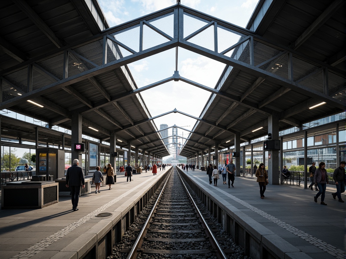 Prompt: Modern train station, steel framework, industrial aesthetic, exposed ductwork, metallic beams, sleek glass roofs, cantilevered canopies, urban landscape, bustling atmosphere, morning rush hour, natural light pouring in, shallow depth of field, 1/2 composition, realistic reflections, ambient occlusion, detailed textures, vibrant city sounds.