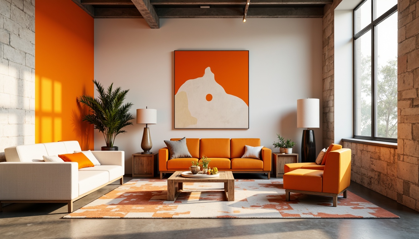 Prompt: Vibrant tangerine hues, warm orange accents, creamy white walls, sleek modern furniture, minimalist decor, natural wood textures, geometric patterns, bold color blocking, eclectic art pieces, industrial metal fixtures, urban loft atmosphere, abundant natural light, softbox lighting, shallow depth of field, 2/3 composition, cinematic view.