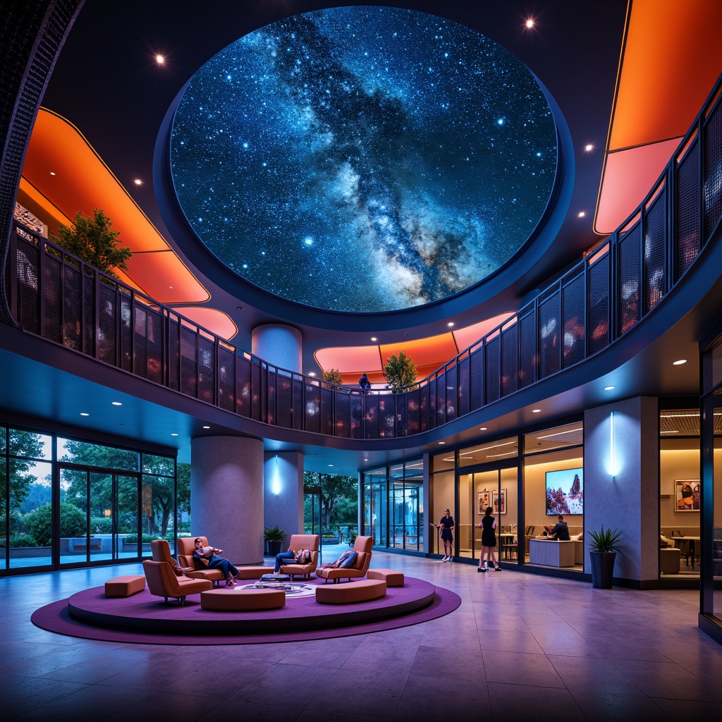 Prompt: Cosmic planetarium, futuristic dome structure, geometric shapes, Bauhaus-inspired design, bold color blocking, abstract patterns, circular orbits, starry night sky, neon-lit constellations, minimalist furniture, sleek metal accents, glass partitions, ambient lighting, 3/4 composition, low-angle shot, cinematic atmosphere, realistic textures, subtle animations.