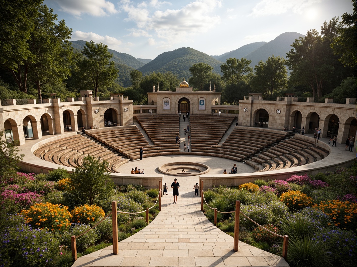 Prompt: Grand amphitheater, tiered seating, natural stone walls, lush greenery, vibrant flowers, wooden benches, educational signs, curved architecture, grand staircase, ornate railings, warm lighting, shallow depth of field, 3/4 composition, panoramic view, realistic textures, ambient occlusion.