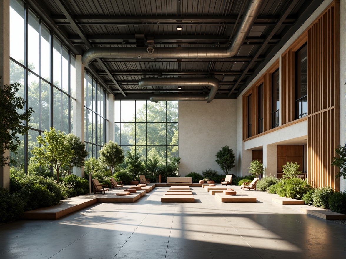 Prompt: Bauhaus-style auditorium, natural light pouring in, large windows, minimalist interior, industrial metal beams, exposed ductwork, polished concrete floors, geometric-shaped stage, functional seating, warm wooden accents, subtle color palette, abundant greenery, lush plants, soft diffused lighting, high ceilings, open space, 1/1 composition, realistic textures, ambient occlusion.