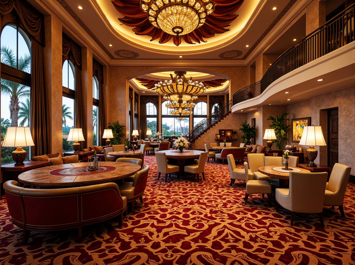 Prompt: Vibrant casino interior, luxurious textiles, bold geometric patterns, rich velvet fabrics, metallic accents, ornate chandeliers, grand staircases, lavish furnishings, opulent decorations, warm golden lighting, dramatic spotlights, shallow depth of field, 1/1 composition, realistic textures, ambient occlusion, regionalist architectural style, curved lines, ornate details, Mediterranean-inspired design, sun-kissed exterior, palm trees, warm desert landscape.