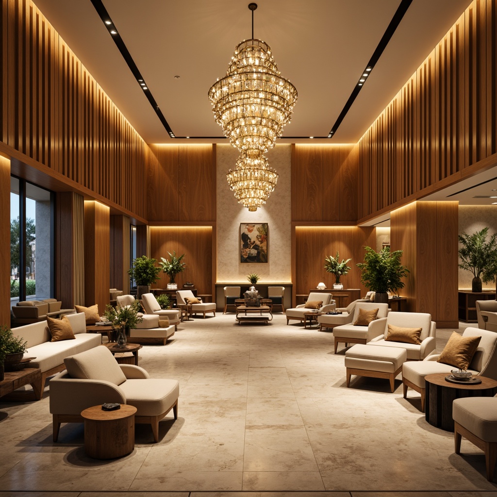 Prompt: Luxurious hotel lobby, rich wood accents, warm beige tones, soft cream hues, velvety textures, metallic gold details, elegant chandeliers, sophisticated furniture designs, ambient warm lighting, shallow depth of field, 3/4 composition, panoramic view, realistic reflections, subtle gradient effects.