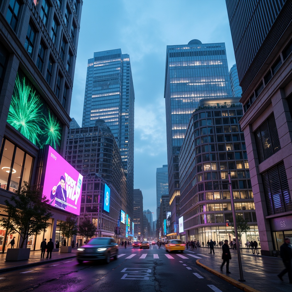 Prompt: Neon-lit skyscrapers, metallic silver accents, iridescent glass facades, holographic advertisements, cyberpunk cityscape, vibrant electric blue hues, neon green highlights, deep purple tones, rose gold details, sleek chrome lines, geometric patterns, futuristic urban landscape, high-tech infrastructure, levitating transportation pods, atmospheric mist, soft glowing ambiance, shallow depth of field, 1/1 composition, cinematic lighting, realistic reflections.