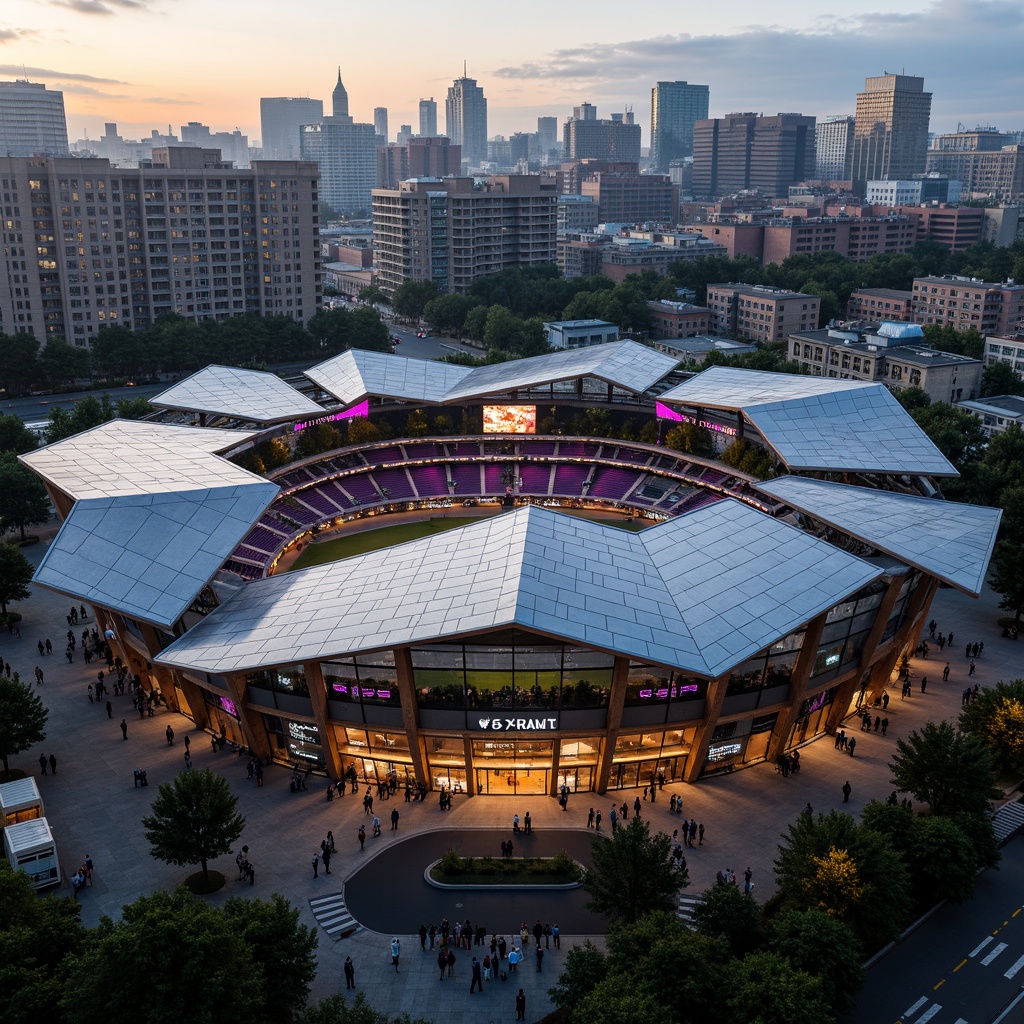 Prompt: Fragmented stadium fa\u00e7ade, irregular shapes, bold cantilevered roofs, dynamic angular lines, abstract geometric patterns, metallic materials, reflective surfaces, neon color accents, futuristic lighting systems, dramatic shadows, complex structural elements, deconstructed forms, avant-garde architecture, urban landscape, city skyline, evening atmosphere, warm golden lighting, shallow depth of field, 1/1 composition, wide-angle lens, high-contrast rendering, detailed textures, ambient occlusion.