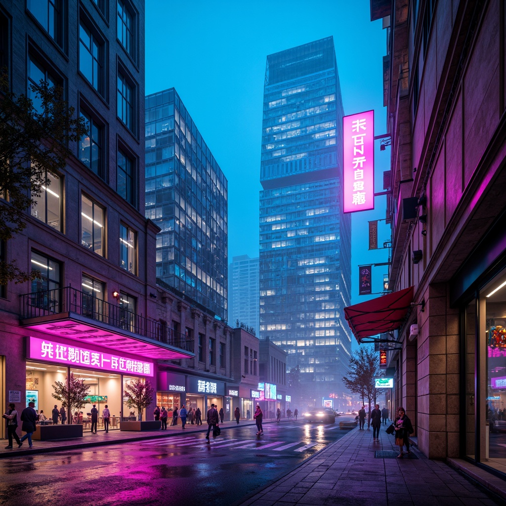 Prompt: Neon-lit skyscrapers, iridescent glass facades, metallic silver accents, holographic advertisements, luminescent LED lights, electric blue hues, vibrant pink neon signs, sleek chrome details, futuristic urban landscapes, cyberpunk cityscapes, dystopian alleys, retro-futuristic nostalgia, atmospheric mist effects, cinematic lighting, high-contrast shadows, 3/4 composition, symmetrical architecture, geometric patterns, abstract shapes, avant-garde design elements.