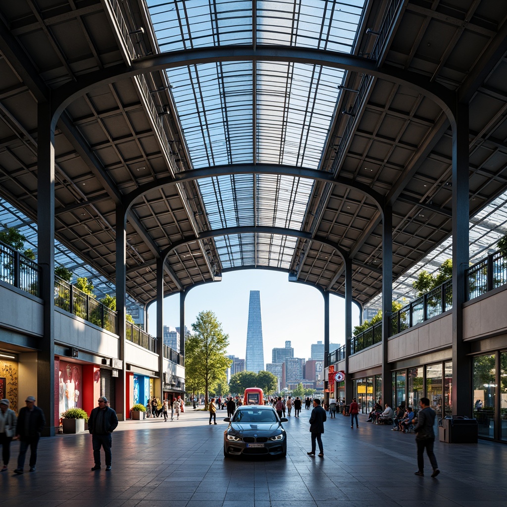 Prompt: Modern train station, steel framework, industrial aesthetic, exposed ductwork, metallic beams, sleek columns, high ceilings, grand entrance, bustling atmosphere, natural light pouring in, urban landscape, city skyline, busy streets, pedestrian traffic, vibrant advertisements, LED displays, futuristic ambiance, dynamic lighting, shallow depth of field, 1/2 composition, wide-angle lens, realistic reflections, ambient occlusion.