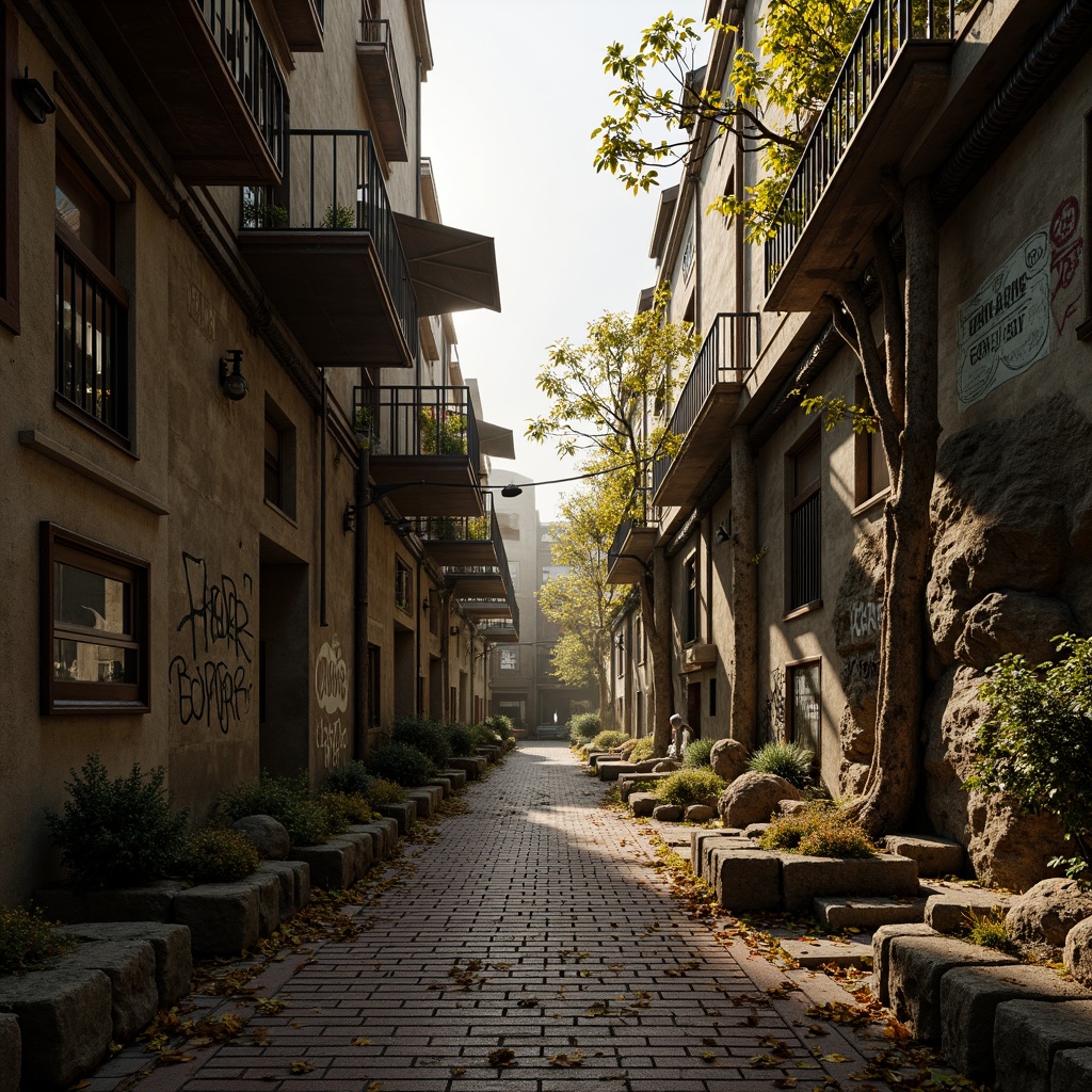 Prompt: Rugged rocky terrain, weathered stone walls, moss-covered boulders, ancient tree roots, twisted metal beams, distressed wooden planks, worn brick pathways, faded graffiti, urban cityscape, misty atmospheric perspective, warm golden lighting, high contrast ratio, shallow depth of field, 2/3 composition, cinematic camera angle, realistic normal mapping, ambient occlusion.