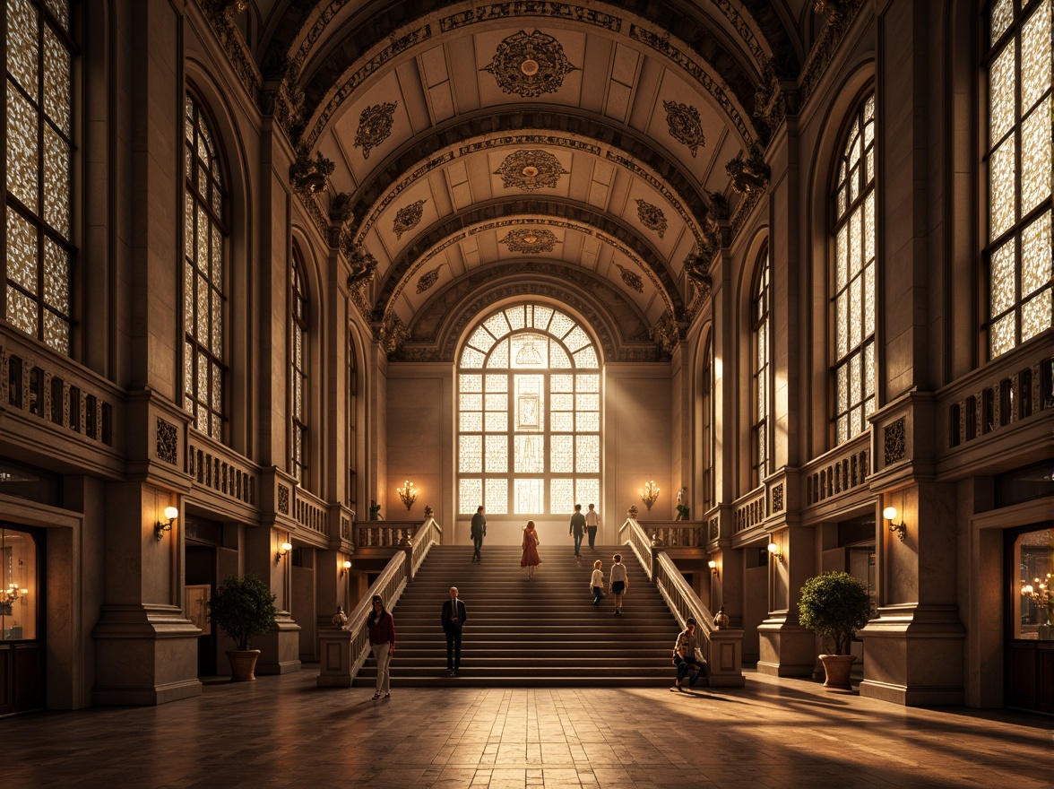 Prompt: Grandiose skyscraper, Romanesque archways, ornate carvings, intricate stone patterns, majestic columns, vaulted ceilings, grand entrance halls, sweeping staircases, luxurious chandeliers, stained glass windows, warm golden lighting, dramatic shadows, 1/1 composition, low-angle shot, cinematic atmosphere, realistic textures, ambient occlusion.