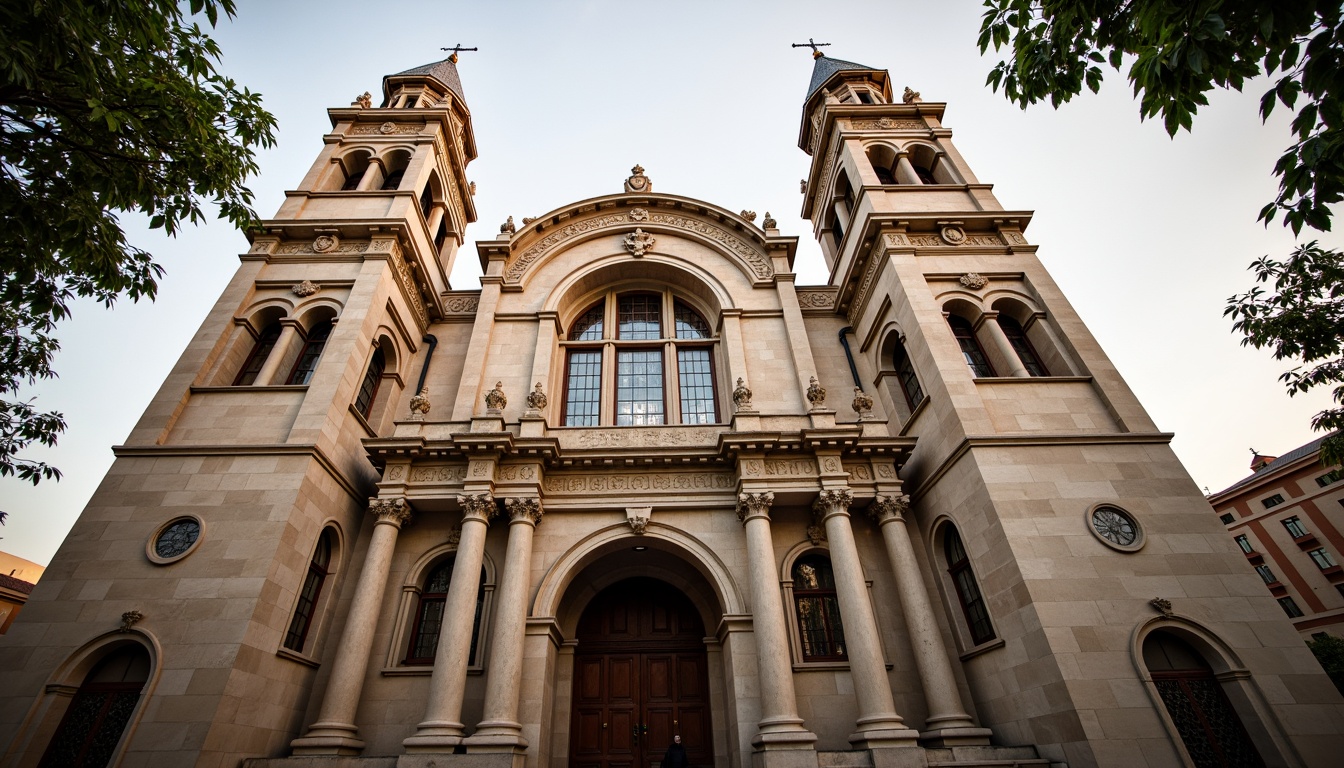 Prompt: Grandiose church facade, ornate stone carvings, symmetrical composition, soaring bell towers, intricate stained glass windows, majestic entrance archways, rusticated quoins, Corinthian columns, decorative pilasters, ornamental pediments, subtle weathered stone textures, warm golden lighting, soft focus, shallow depth of field, 2/3 composition, realistic architectural details, ambient occlusion.