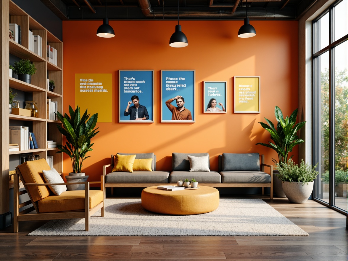 Prompt: Vibrant motivational space, bold typography, energetic orange hues, uplifting yellow accents, calming blue undertones, inspiring quotes, modern minimalist decor, sleek metallic frames, natural wood textures, abundant greenery, refreshing morning light, soft focus, shallow depth of field, 1/1 composition, realistic renderings, ambient occlusion.