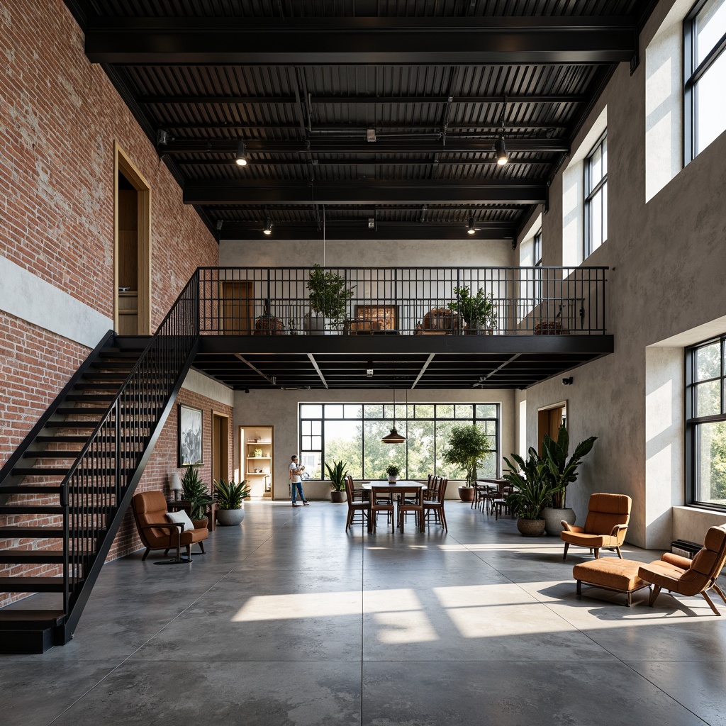 Prompt: Exposed steel beams, industrial chic aesthetic, polished concrete floors, minimalist decor, modern urban loft, open-plan living space, floor-to-ceiling windows, natural light pouring in, sleek metal staircases, geometric-shaped railings, reclaimed wood accents, distressed brick walls, edgy architectural lines, dramatic shadows, high-contrast lighting, 1/1 composition, symmetrical framing, realistic textures, ambient occlusion.