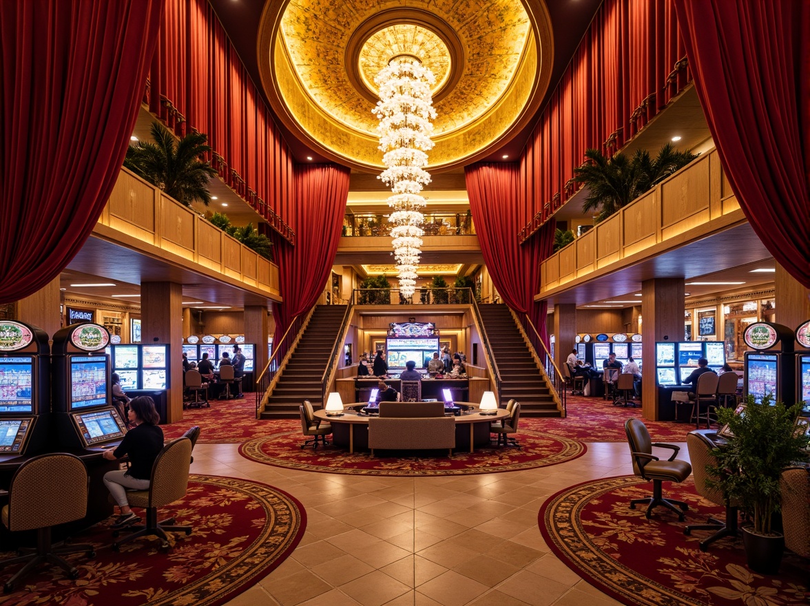 Prompt: Richly ornamented casino interior, lavish chandeliers, plush red velvet drapes, intricate gold leaf patterns, ornate wooden paneling, luxurious marble floors, grandiose staircases, vibrant neon lights, bustling atmosphere, lively background music, regional cultural motifs, eclectic decorative accents, warm golden lighting, shallow depth of field, 1/1 composition, realistic textures, ambient occlusion.