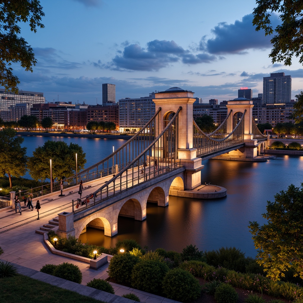 Prompt: Grandiose Baroque-style bridge, ornate stone carvings, sweeping arches, majestic river views, urban cityscape, bustling streets, vibrant streetlights, modern skyscrapers, historic architecture, intricate ironwork, rustic stonework, lush greenery, serene water reflections, warm golden lighting, shallow depth of field, 1/2 composition, symmetrical framing, realistic textures, ambient occlusion.