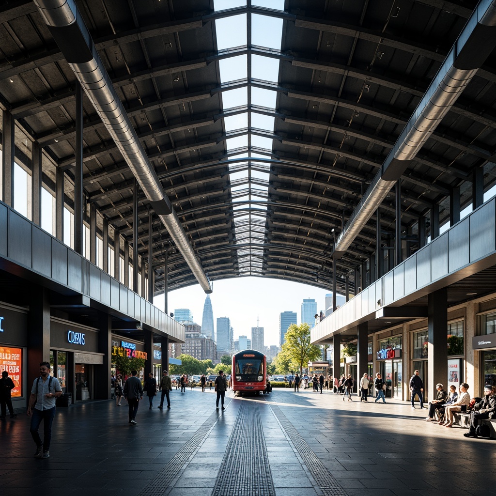 Prompt: Modern train station, steel framework, industrial aesthetic, exposed ductwork, metallic beams, sleek columns, high ceilings, grand entrance, bustling atmosphere, natural light pouring in, urban landscape, city skyline, busy streets, pedestrian traffic, vibrant advertisements, LED displays, futuristic ambiance, dynamic lighting, shallow depth of field, 1/2 composition, wide-angle lens, realistic reflections, ambient occlusion.