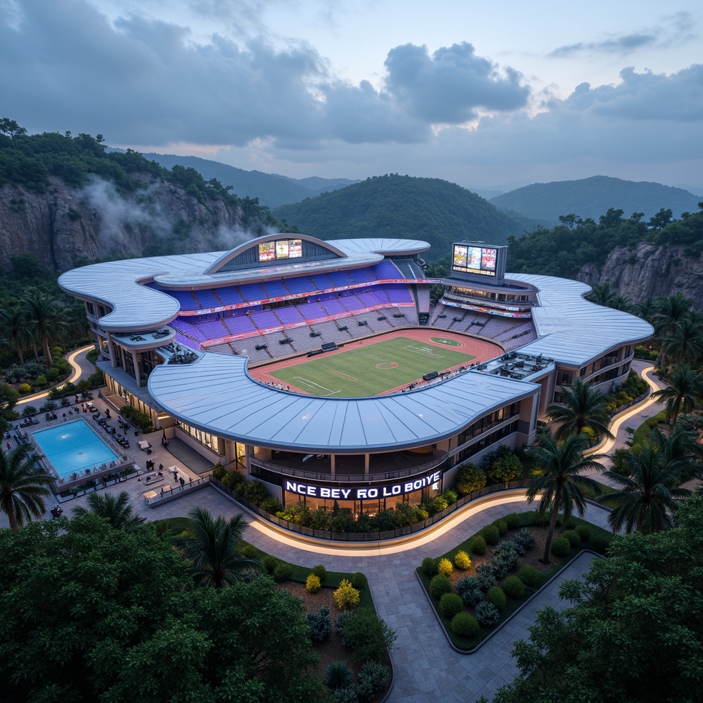 Prompt: Futuristic sports complex, undulating terrain, neon-lit athletic tracks, sleek metallic bleachers, holographic scoreboards, iridescent stadium roofs, glowing accents, vibrant LED lighting, misty atmospheric effects, shallow depth of field, 3/4 composition, panoramic view, realistic textures, ambient occlusion, lush greenery, tropical plants, palm trees, sandy pathways, winding water features, futuristic sculptures, abstract geometric patterns, dynamic kinetic architecture, wind-swept curves, aerodynamic lines.