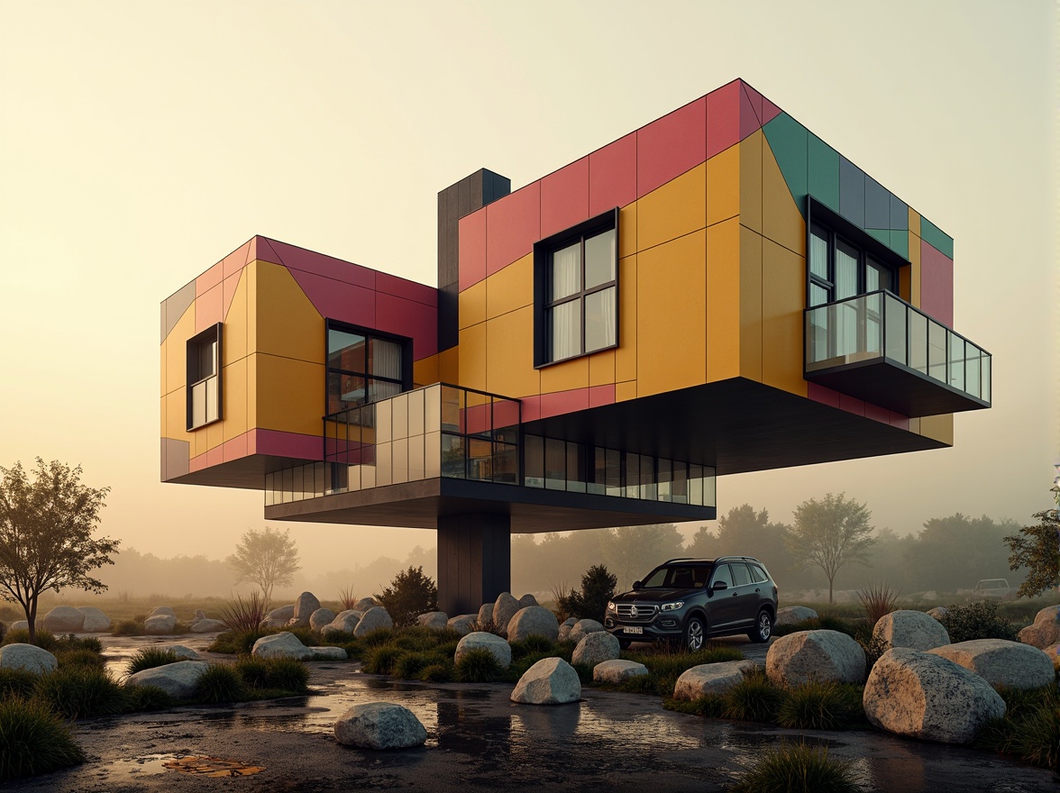 Prompt: Unconventional experimental house, irregular shapes, bold color blocking, dynamic angular lines, futuristic materials, translucent glass fa\u00e7ades, cantilevered volumes, suspended walkways, abstract sculptures, avant-garde art installations, surreal landscape, misty atmosphere, warm golden lighting, shallow depth of field, 1/1 composition, dramatic shadows, high-contrast textures, ambient occlusion.