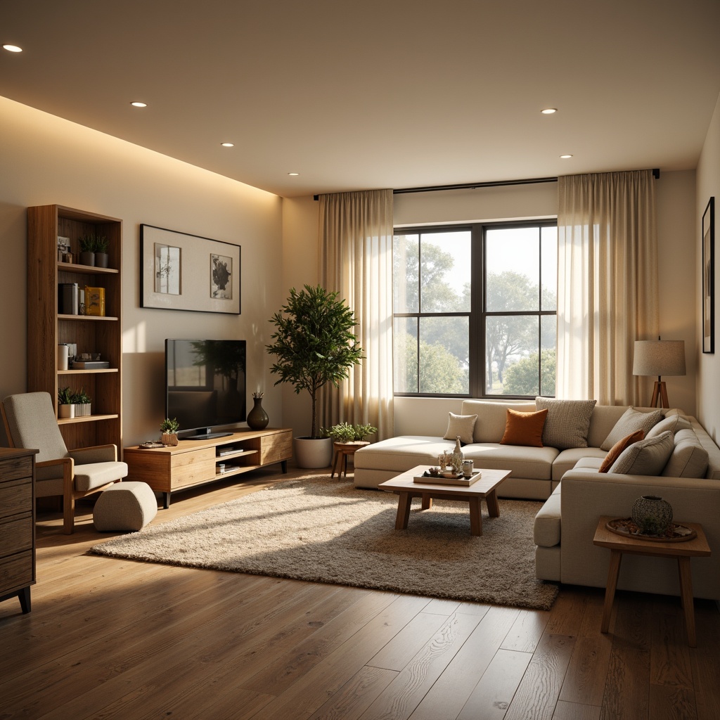 Prompt: Cozy living room, comfortable sofas, warm beige walls, wooden flooring, large windows, natural light, soft curtains, minimalist decor, functional shelving units, modern coffee table, plush area rug, ambient lighting, 1/1 composition, shallow depth of field, realistic textures, warm color palette, inviting atmosphere, ergonomic furniture arrangement, optimized traffic flow, ample storage spaces, cleverly hidden appliances.