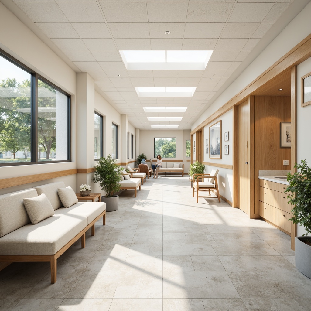 Prompt: Soothing hospital interior, calming color scheme, gentle pastel hues, soft whites, creamy beiges, pale blues, muted greens, warm wood accents, natural stone floors, comfortable seating areas, peaceful waiting rooms, serene patient rooms, gentle lighting, subtle texture contrasts, 1/1 composition, shallow depth of field, realistic renderings, ambient occlusion.