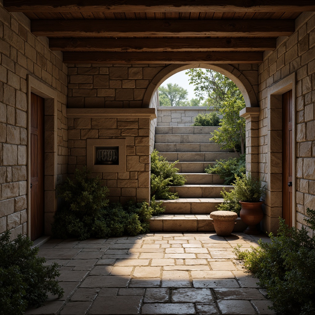 Prompt: Rough-hewn stone walls, distressed wood planks, rustic metal accents, earthy color palette, natural materiality, organic forms, tactile experiences, sensory engagement, atmospheric lighting, warm ambient glow, shallow depth of field, 1/1 composition, realistic textures, subtle normal mapping, cinematic mood, evocative atmosphere.