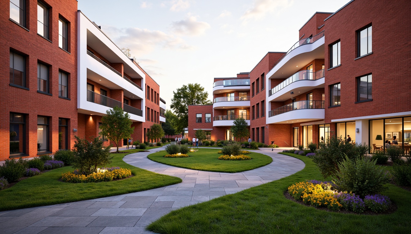 Prompt: Vibrant university campus, harmonious color palette, bold red brick buildings, contrasting white accents, lush green lawns, blooming flowers, natural stone pathways, modern minimalist architecture, sleek glass surfaces, angular lines, innovative LED lighting, warm golden hour, shallow depth of field, 3/4 composition, panoramic view, realistic textures, ambient occlusion.